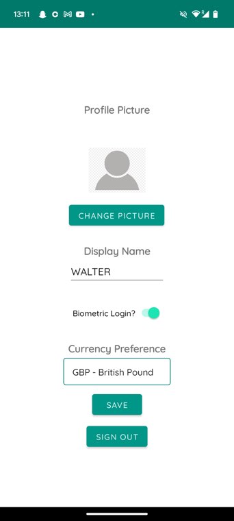 DashBudget settings screen