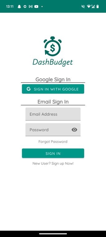 DashBudget sign in screen