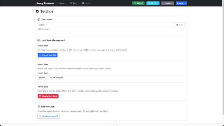 Penny Plummet settings screen